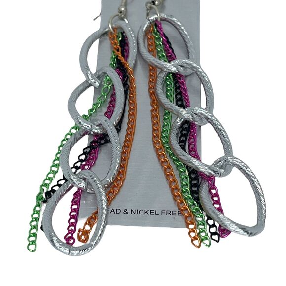 Silver Tone Earrings Chain Drop Style Fashion Trendy Stunning Statement Chic - Picture 7 of 8